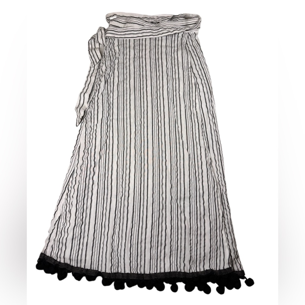 Reformation Feria Pom Pom Wrap Skirt (Size Unknown) Black/White Vertical Stripes